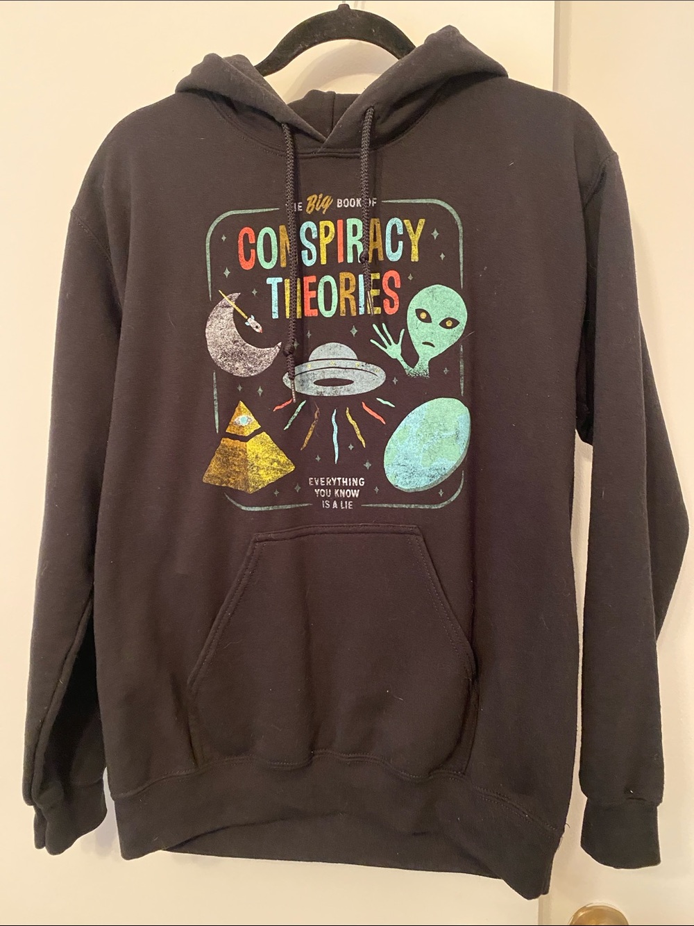 Threadless Black Hoodie with Colorful Conspiracy Theories Graphic